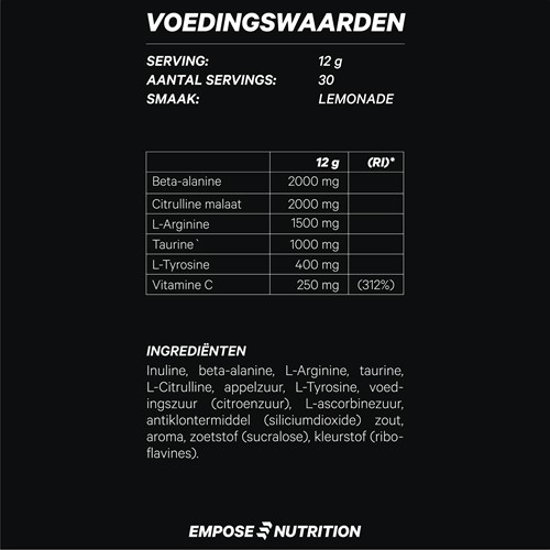 Empose Nutrition Pre-Workout Accelerate - Cafeïnevrij - 360 gr - Limonade-2